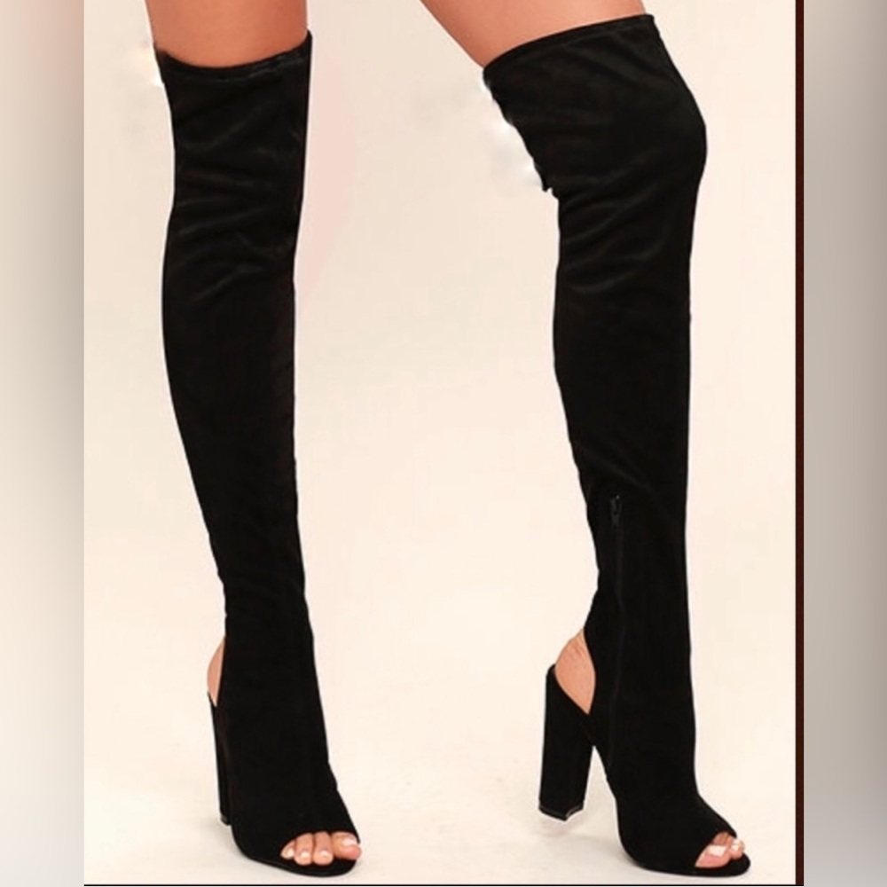 Steve Madden black thigh high peep toe boots